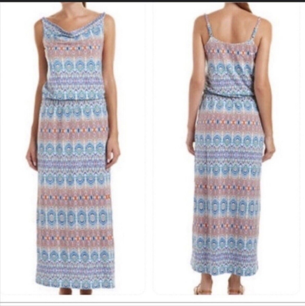 CAbi Bohemian Blue and Orange Maxi Dress Small